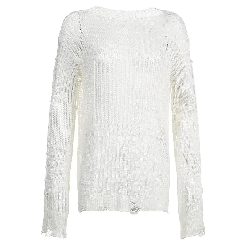 Women's Vintage Gothic Hollow Knit Sweater with Ripped Holes Grunge Y2K Style Thin Long Sleeve Loose Fit Summer Top in Black