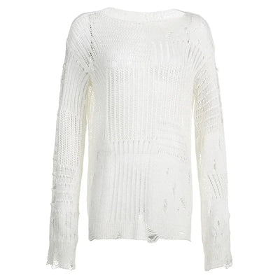 Women's Vintage Gothic Hollow Knit Sweater with Ripped Holes Grunge Y2K Style Thin Long Sleeve Loose Fit Summer Top in Black