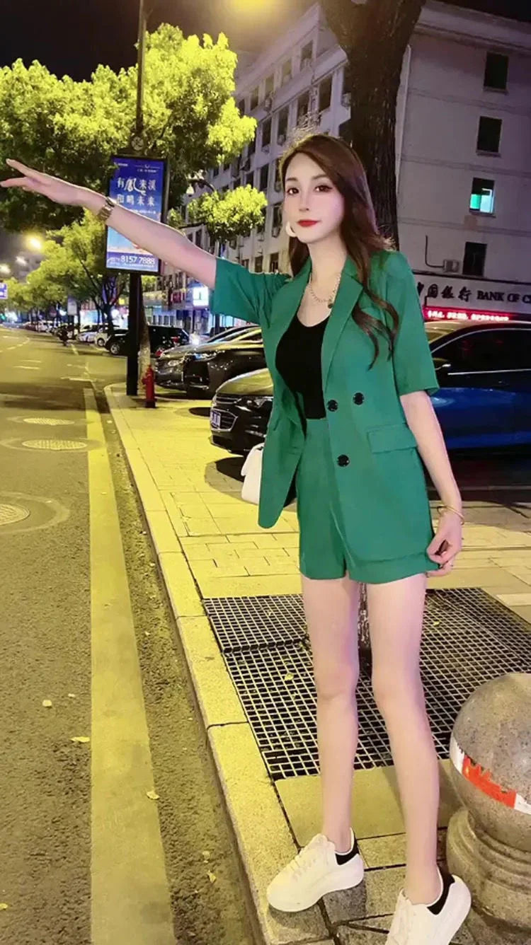 Women's 2025 New Summer High-end Fashion Outfits And Suit Collar Short Sleeve Solid Coat Pop Shorts Two Piece Set Women Clothing