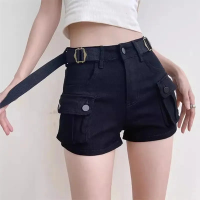 Women's Summer High Waisted Stretchy Denim Shorts Korean Cargo Style Slim Fit Ultra Short Hot Pants with Large Pockets for Dance