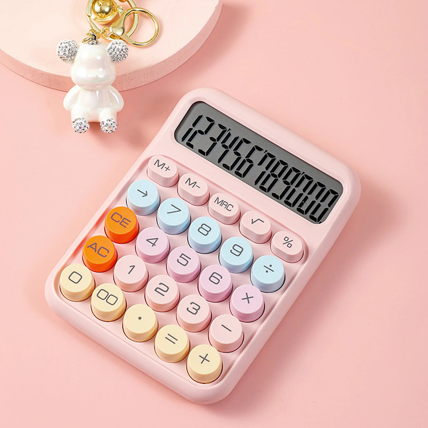 Mechanical Calculator 12 Digit Large LCD Display Big Round Button Cute Candy Colored Calculator Suitable for Office School Home