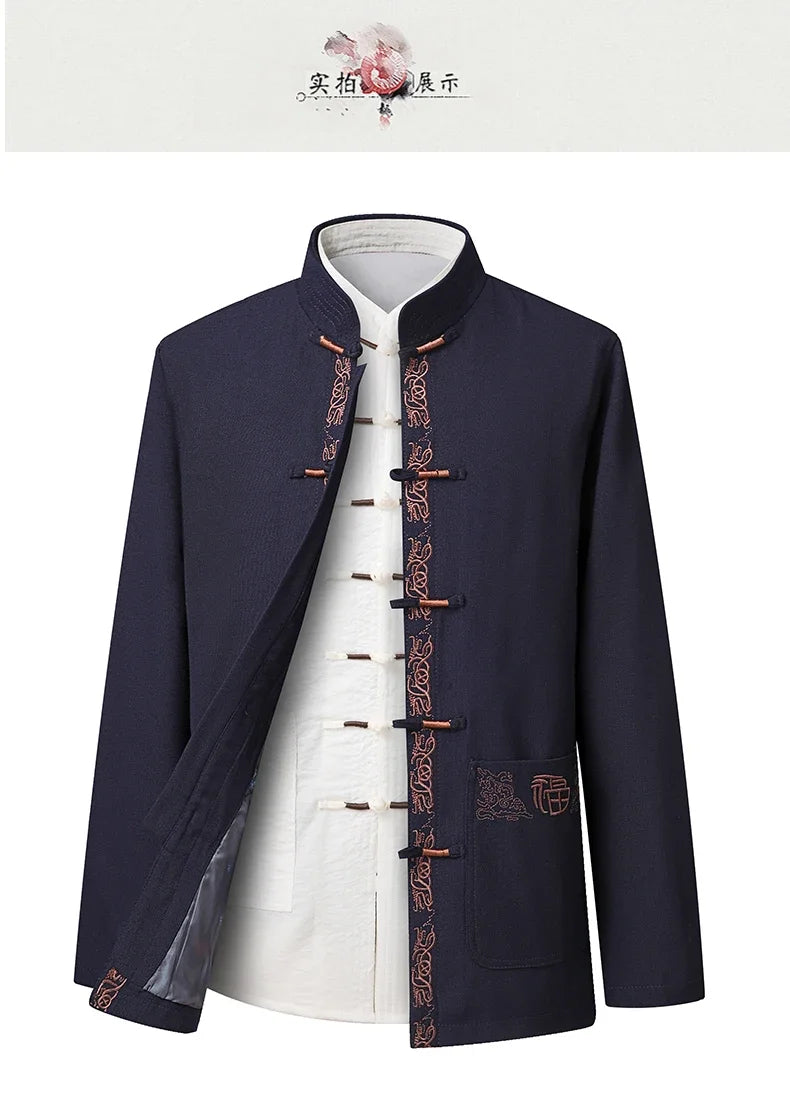 Tang Suit (top + Pants) Spring and Autumn Elderly People Door Flaperon Embroidery Father Men's Hanfu Chinese Style Suit