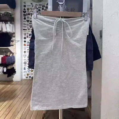 Solid Cotton Drawstring Strapless Tank Tops Women Streetwear Side Split Slim Cropped Vest Summer Sweet Vintage Chic Camis Y2K
