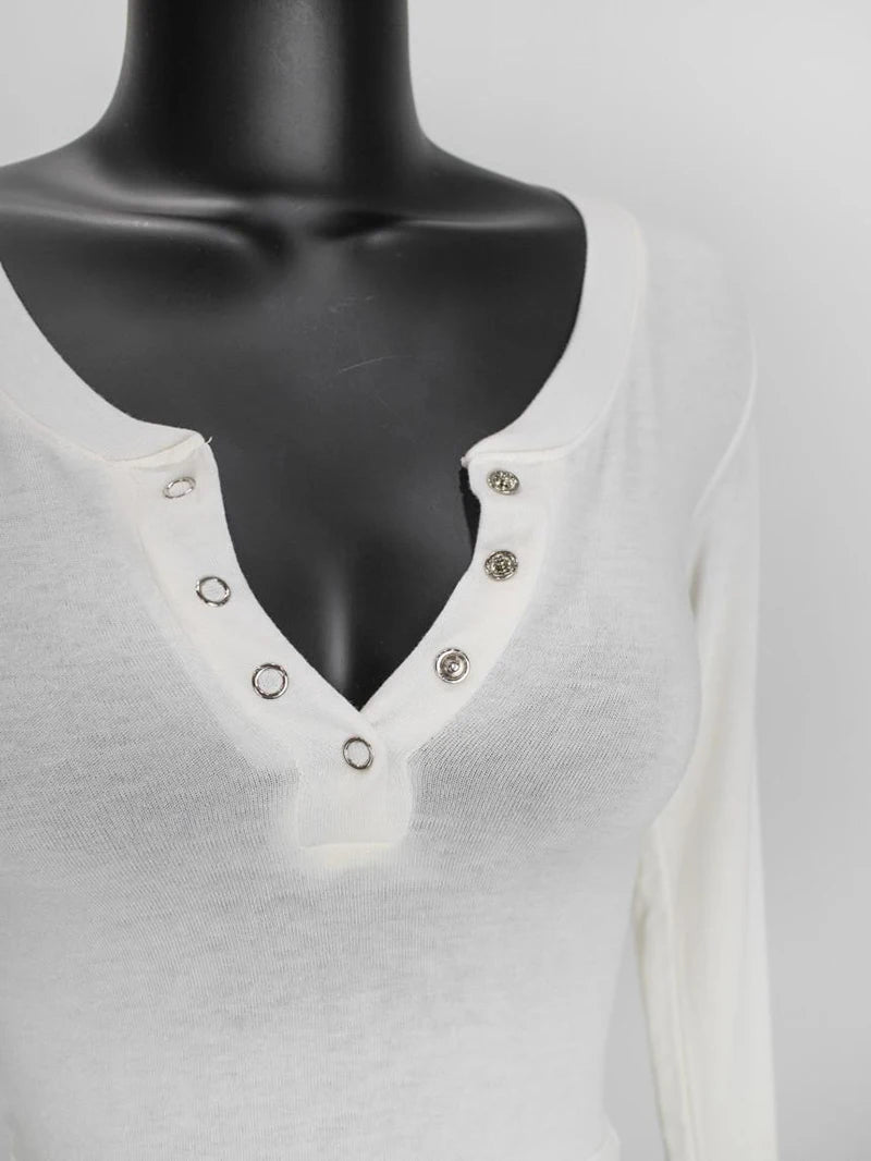 Button V-Neck Sexy Crop Top female long Sleeve Sashion Solid Color lady Tees Comfy Summer Basic Chic Thin T shirt See Through
