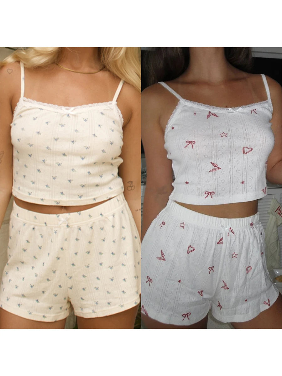 Women's Sleeveless Floral/Bow Heart Print Cami Tops Shorts Sleepwear Sets Summer Lounge Set