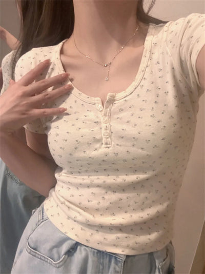 Y2k Short sleeve Sexy U Collar Floral Print Lace Slim T-shirt 2025 Summer Women Clothing Floral Slim Shirt Button T-shirt Top