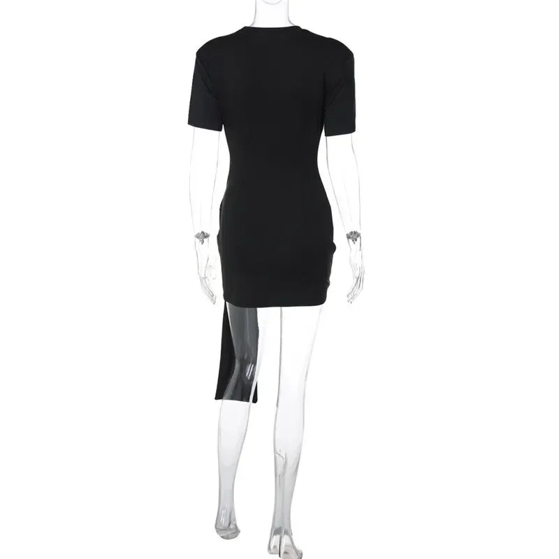 Chaxiaoa Short Sleeve Draped Sexy Mini Dress for Women Black Metal Buckle O Neck High Waist Bodycon Club Dress Vestido Clothes