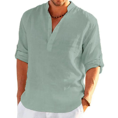 Men Cotton Linen T-shirts Summer V Collarless Long Sleeve Solid Sand Beachwear Office Man Tee Shirt Tops BSDFS-ZT167