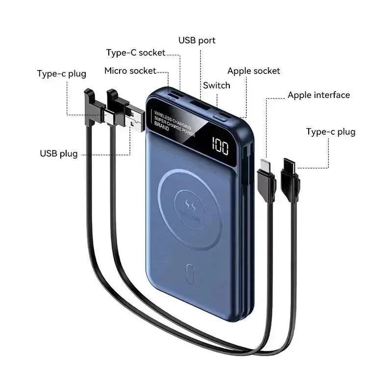 Xiaomi Emergency 50000mah Wireless Charging Power Bank Magnetic Charging Built-in Wire Mobile Phone Battery For IPhone Magsafe