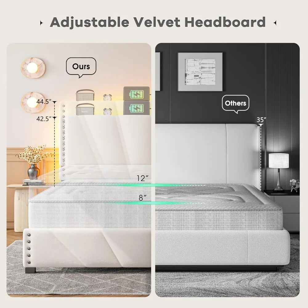 King Size Bed Frame with Velvet Headboard and LED Lights， Storage Headboard Platform Bed with Charging Station, Sturdy W
