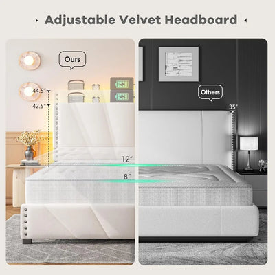 King Size Bed Frame with Velvet Headboard and LED Lights， Storage Headboard Platform Bed with Charging Station, Sturdy W
