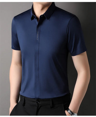 Summer New High-grade Hidden Button Men's Light Luxury Short Sleeve Shirts Men High Elastic Business Anti-wrinkle Ice Silk Shirt