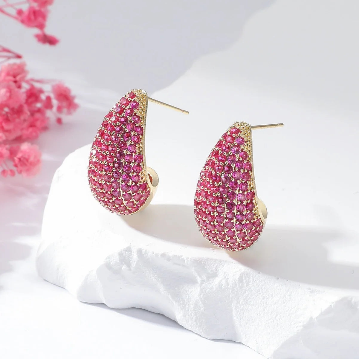 BenS CZ style Chunky Dome Drop Earrings for Women water drop small hoop earrings Brass cubic zirconia stud earring wholesale E55