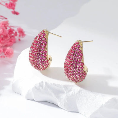 BenS CZ style Chunky Dome Drop Earrings for Women water drop small hoop earrings Brass cubic zirconia stud earring wholesale E55