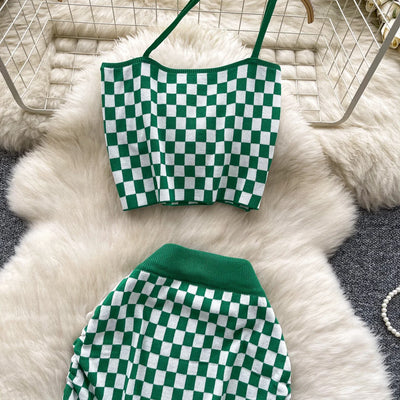 2025 New Vacation Style Plaid Suits Women Strapless Hotsweet Mini Tops+High Waist Bodycon Skirt Fashion Casual Knitted Sets