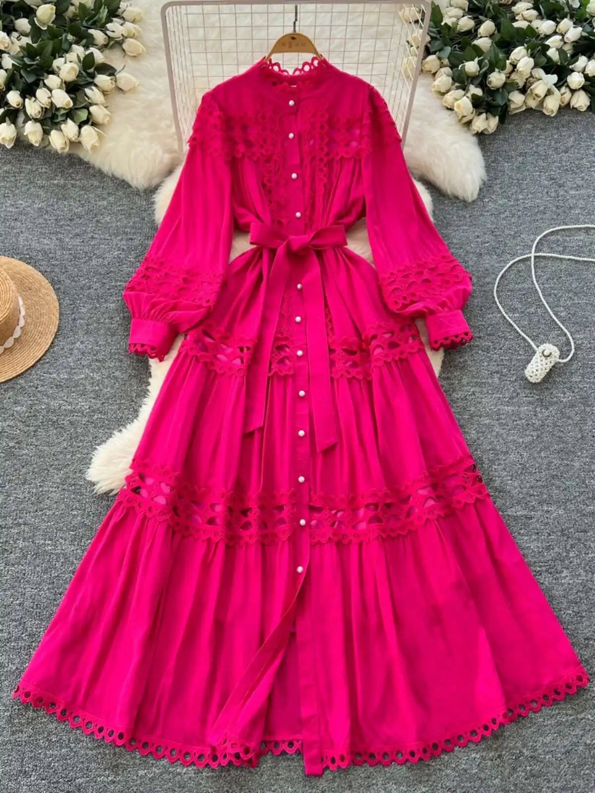 Elegant Long Maxi Hollow Out Dress Shirt Women Summer Autumn Palace Retro Pearl Button Embroidery Crochet Evening Party Vestidos