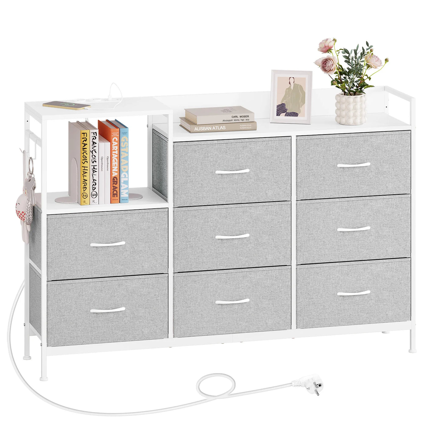 Chest of Drawers with 8 Fabric Drawer Sideboard Storage Cabinet for Kitchen Office with Charging Sockets Steel Frame 132x88x30cm