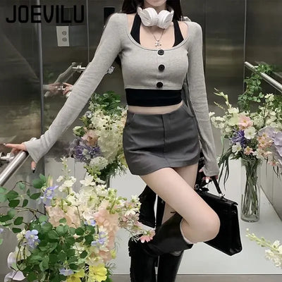Women's Top Halter Vest 2 Piece Sets U Neck Long Sleeve Crop Tops Babes Korean Style Chic Short T-shirt Ladies Gothic Y2k Tees