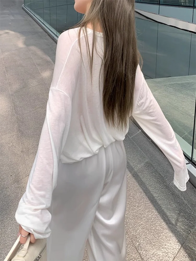 Women Oversized T Shirt Spring Summer V-neck Casual Fashion Loose Thin Long Sleeve Top Pullovers Chic White See Through T-shirt