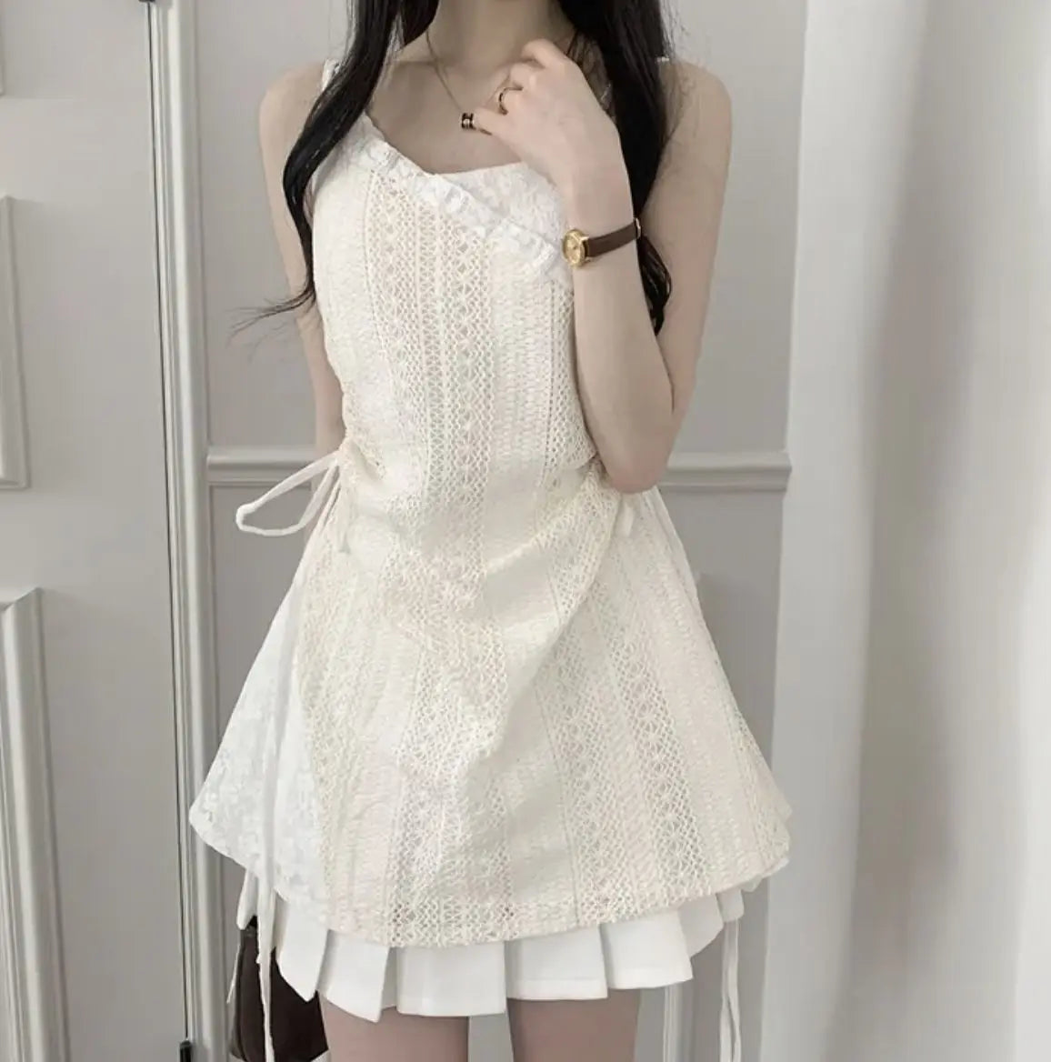 Hot Girl Korean Style Drawstring Lace-up Waist Lace Short Suspender Dresses + White Inner Wear Bottoming Sling Top Two-piece Set
