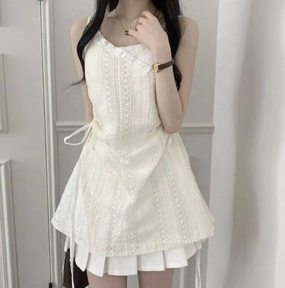 Hot Girl Korean Style Drawstring Lace-up Waist Lace Short Suspender Dresses + White Inner Wear Bottoming Sling Top Two-piece Set