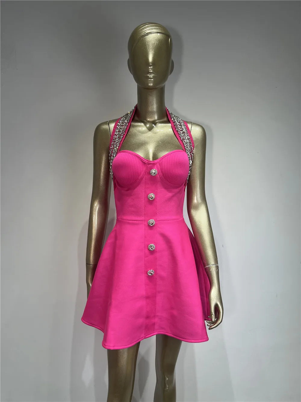 Black Rose Knitted Bandage Dress Women Summer Fashion Diamonds Halter Single Breasted A Line Mini Dress Celebrity Evening Party