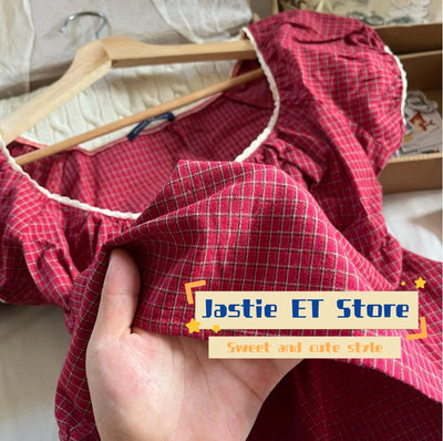 Lace Three-button Plaid Puff Sleeve Short Sleeve T-shirt Women's Summer Sweet Preppy Style Slim Shirt V-neck Short Tops Y2k