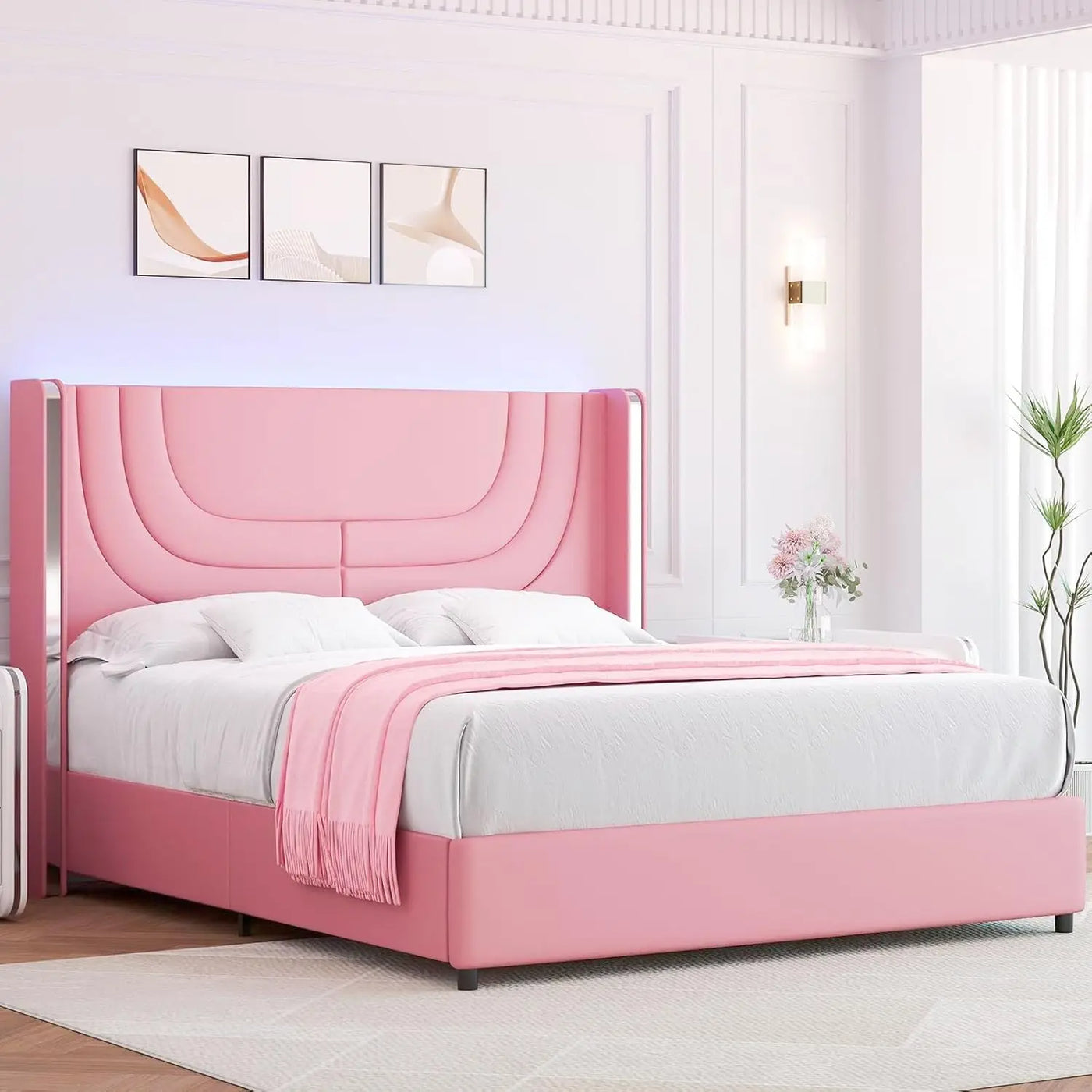 Queen Bed Frame with LED Lights, Faux Leather Upholstered Platform with Silver Wingback Headboard, Modern Style
