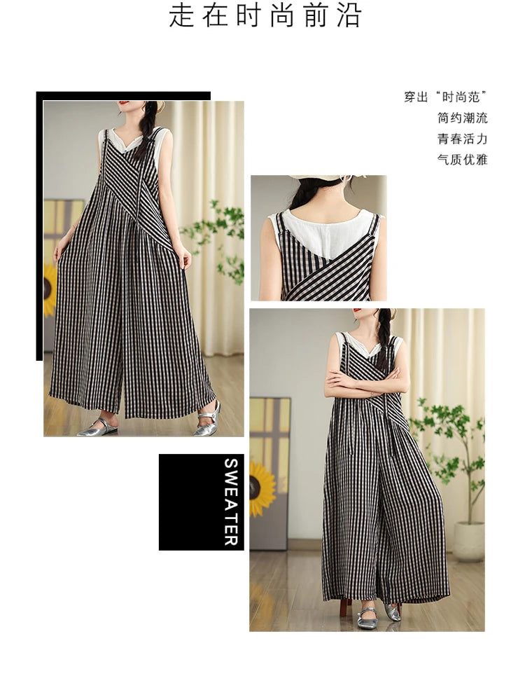 Oversized Summer Plaid Print Jumpsuit Women Wide Leg Loose Pleated Fashion Ladies Jumpsuits V-Neck Sleeveless Woman Jumpsuits