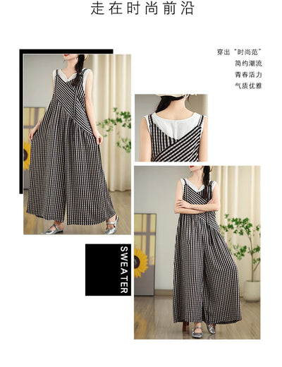 Oversized Summer Plaid Print Jumpsuit Women Wide Leg Loose Pleated Fashion Ladies Jumpsuits V-Neck Sleeveless Woman Jumpsuits