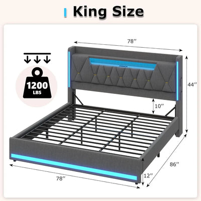 King Size Bed Frame with Marshmallow Headboard and Storage, Metal King Bed with LED Lights & Charging Station, Upholstered Platf