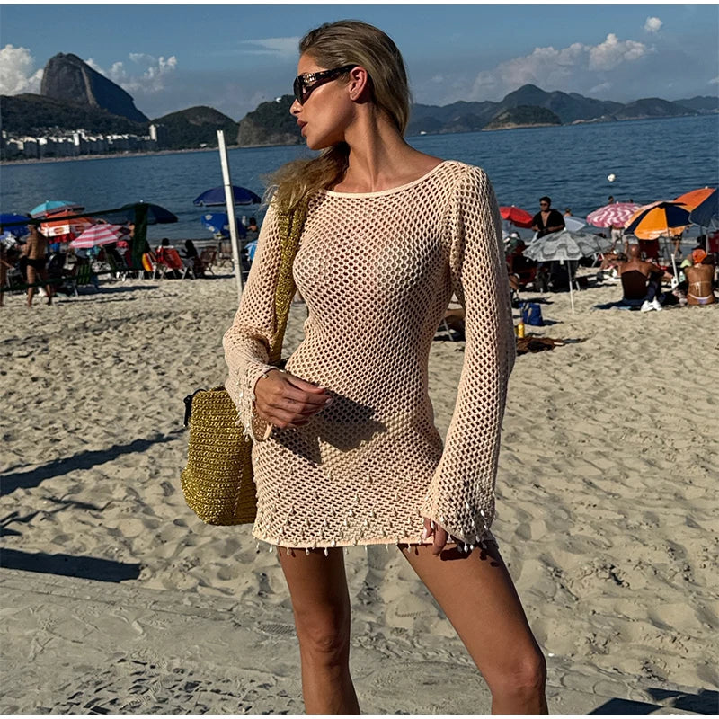 Sexy Knitted Hollow Out Pearl Mini Dress Women Elegant Knitted Backless Lace Up Beach Dresses Lady Spring Chic Party Holiday