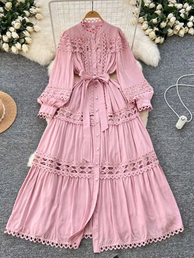 Elegant Long Maxi Hollow Out Dress Shirt Women Summer Autumn Palace Retro Pearl Button Embroidery Crochet Evening Party Vestidos