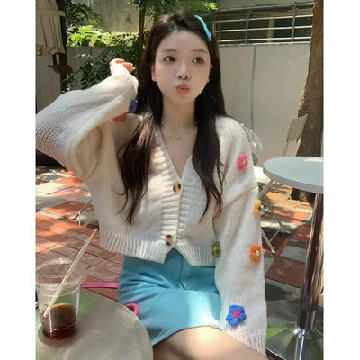 PTKPCC New Autumn Colourful Applique Flower Cardigan for Women Cute Long  V-neck Knit Crop Sweater Girl Soft Knitwear