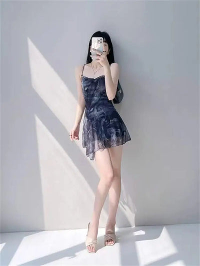 Women Print Mesh Mini Dress Streetwear Chic Sexy Backless Sleeveless Lace Up Cross Dresses A-line Vintage Holiday Y2k Clothing