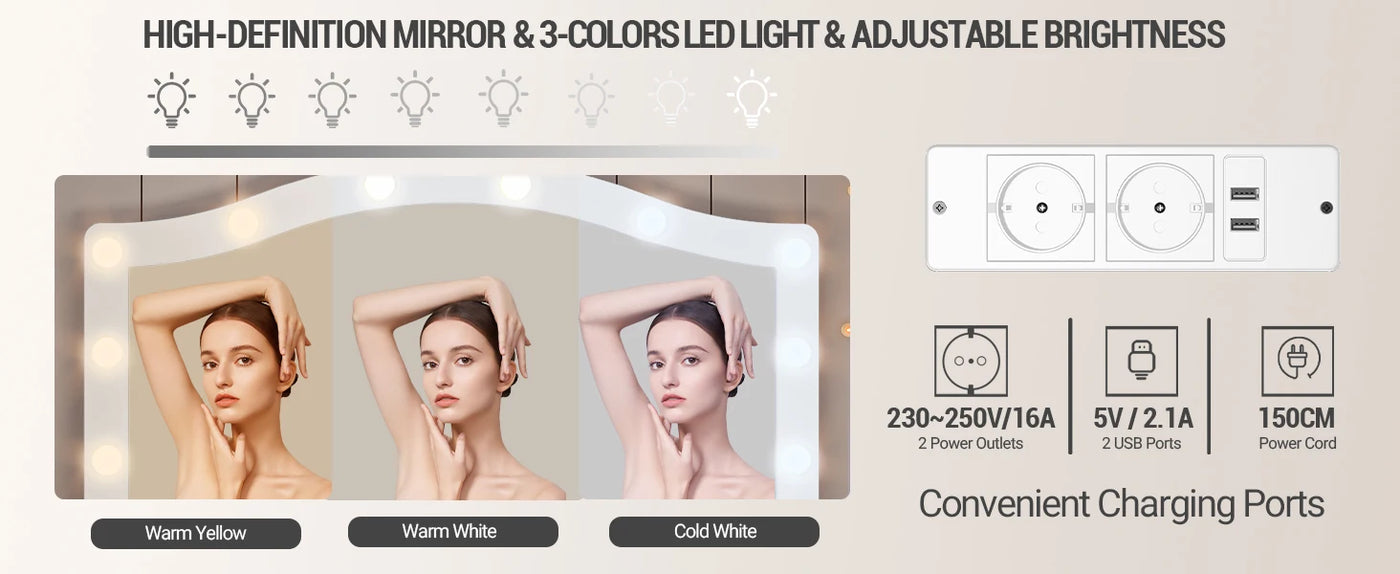 Hzuaneri Dressing Table, HD Large Mirror, 3 Colored Adjustable LED Lights, with Charging Station 2 AC Sockets and 2 USB Ports