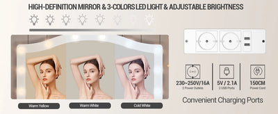 Hzuaneri Dressing Table, HD Large Mirror, 3 Colored Adjustable LED Lights, with Charging Station 2 AC Sockets and 2 USB Ports