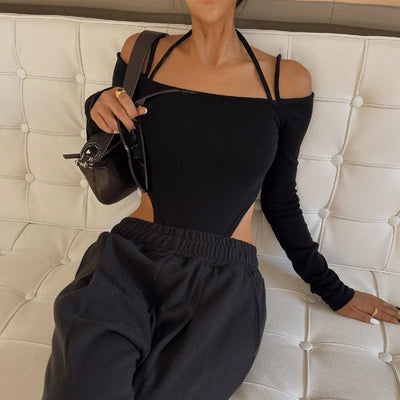 WhereMery Sexy Women's Off-Shoulder Halter Bodysuit Casual Spaghetti Straps Long Sleeve Slim T-Shirt for Party Clubwear Vestidos