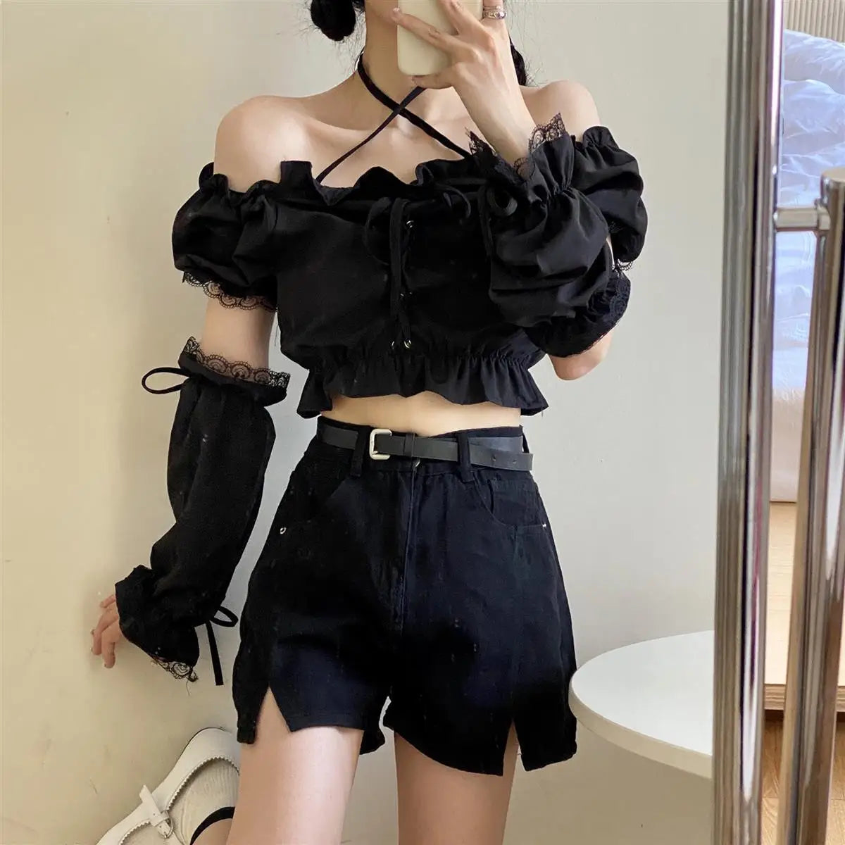 Women's Removable Sleeve T-shirt Drawstring Off Shoulder Crop Top Vintage Shirt Dark Style Harajuku Goth Tee Spring Y2k