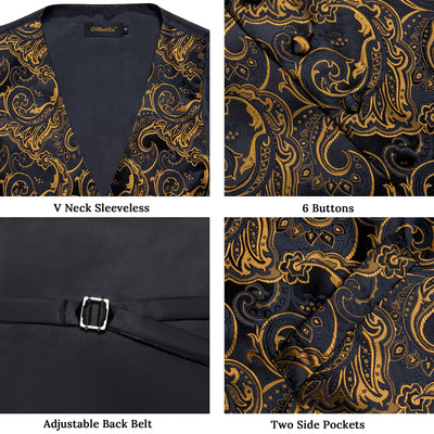 Luxury Golden Color Black Paisley Men's Suit Vest with Pre-tied Bow Tie Pocket Square Cufflinks Wedding Tuxedo Suits Waistcoat