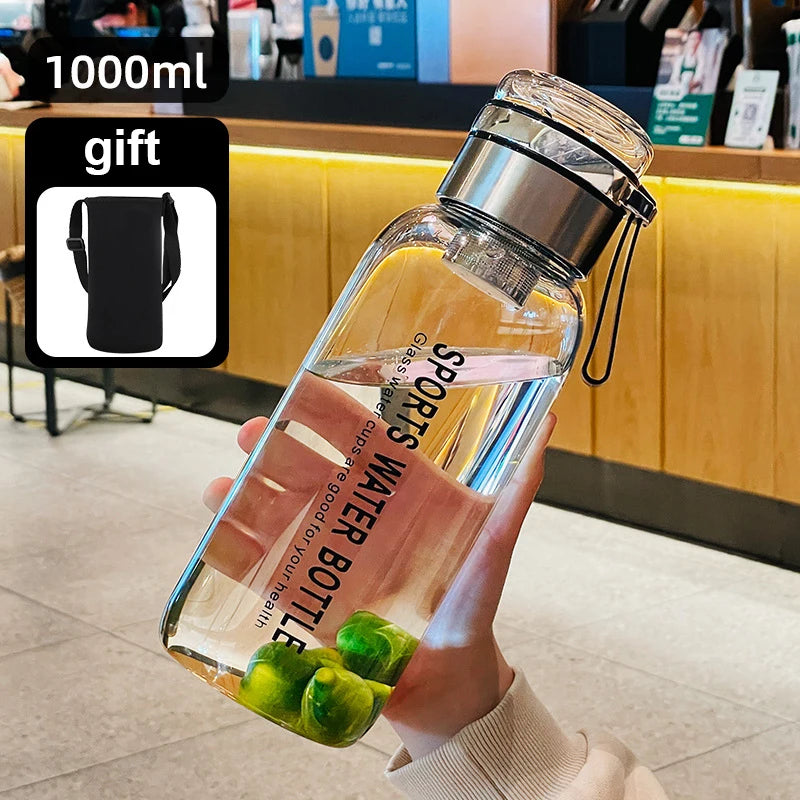 Sports Glass Water Bottle 2L Capacity Free Cup Cover (with Shoulder Strap)  Portable Leak-proof Drinking Stainless Steel Lid