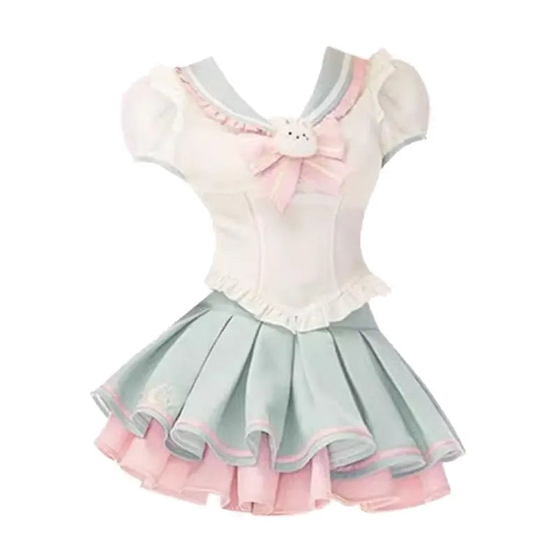 Y2k Sweet Style Skirt Set Bow Tie Peter Pan Collar Top High-Waist Puffy Skirt 2 Piece Set Summer Preppy JK Sailor Uniform Outfit