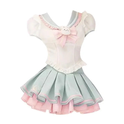 Y2k Sweet Style Skirt Set Bow Tie Peter Pan Collar Top High-Waist Puffy Skirt 2 Piece Set Summer Preppy JK Sailor Uniform Outfit