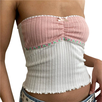 Xingqing y2k Off Shoulder Top Women Fairy Grunge Clothes Summer Sleeveless Lace Trim Patchwork Strapless Tshirt 2000s Streetwear