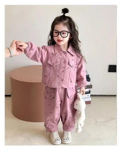 Girls Coat and Pants Two Piece Set 2025 Spring and Autumn New Korean Fashion Floral Casual Coat and Pants Two Piece Set Trend