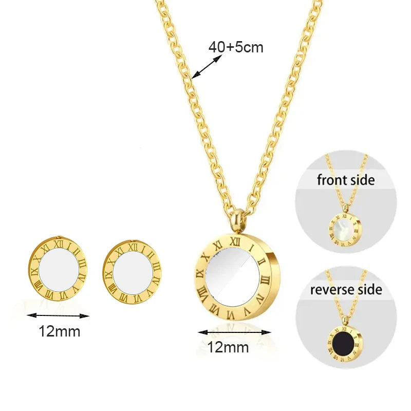 3pcs Trendy Stainless Steel Roman Digital Wafer Earrings Necklace Set for Women Black White Shells Party Jewelry
