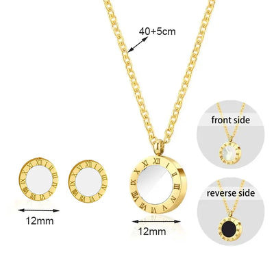3pcs Trendy Stainless Steel Roman Digital Wafer Earrings Necklace Set for Women Black White Shells Party Jewelry