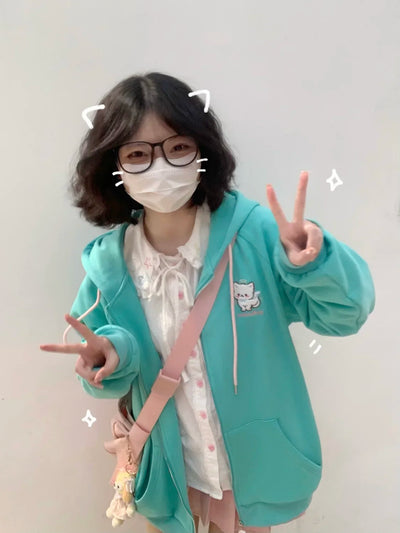 2025 Harajuku Cat Ear Kawaii Zip Up Hoodies Women Japanese Style Cute Hooded Jacket Oversized Sweet Lolita Girly Sweatshirts