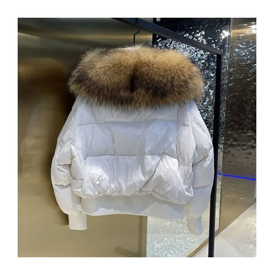 Fashionable Women's Winter Down Jacket Cropped Fox Fur Collar High End 90% White Duck Feather Coat Thick Long Sleeves