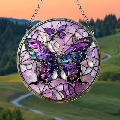 1pc Butterfly Window Suncatcher Wall Hanging Decoration Round Stained Acrylic Wall Art  for Courtyard Family Gift Colleague